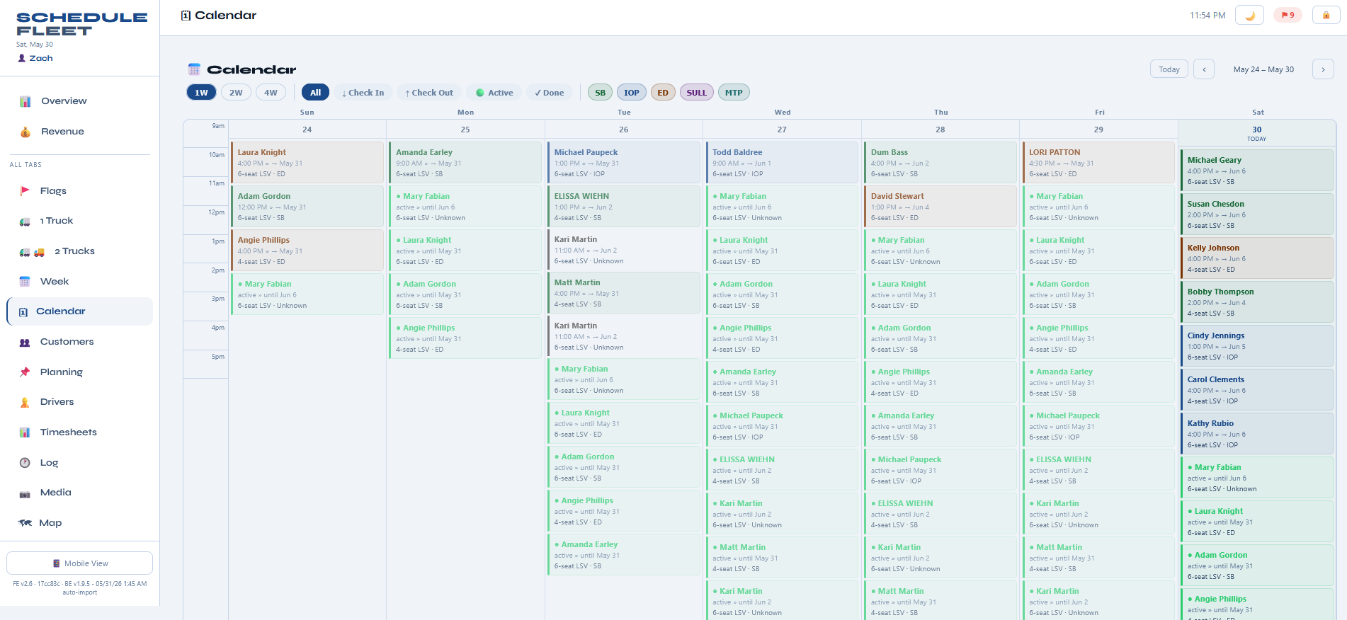 Golf Cart Rental Software booking calendar showing a full week of rentals across zones with filters by status, zone, and driver
