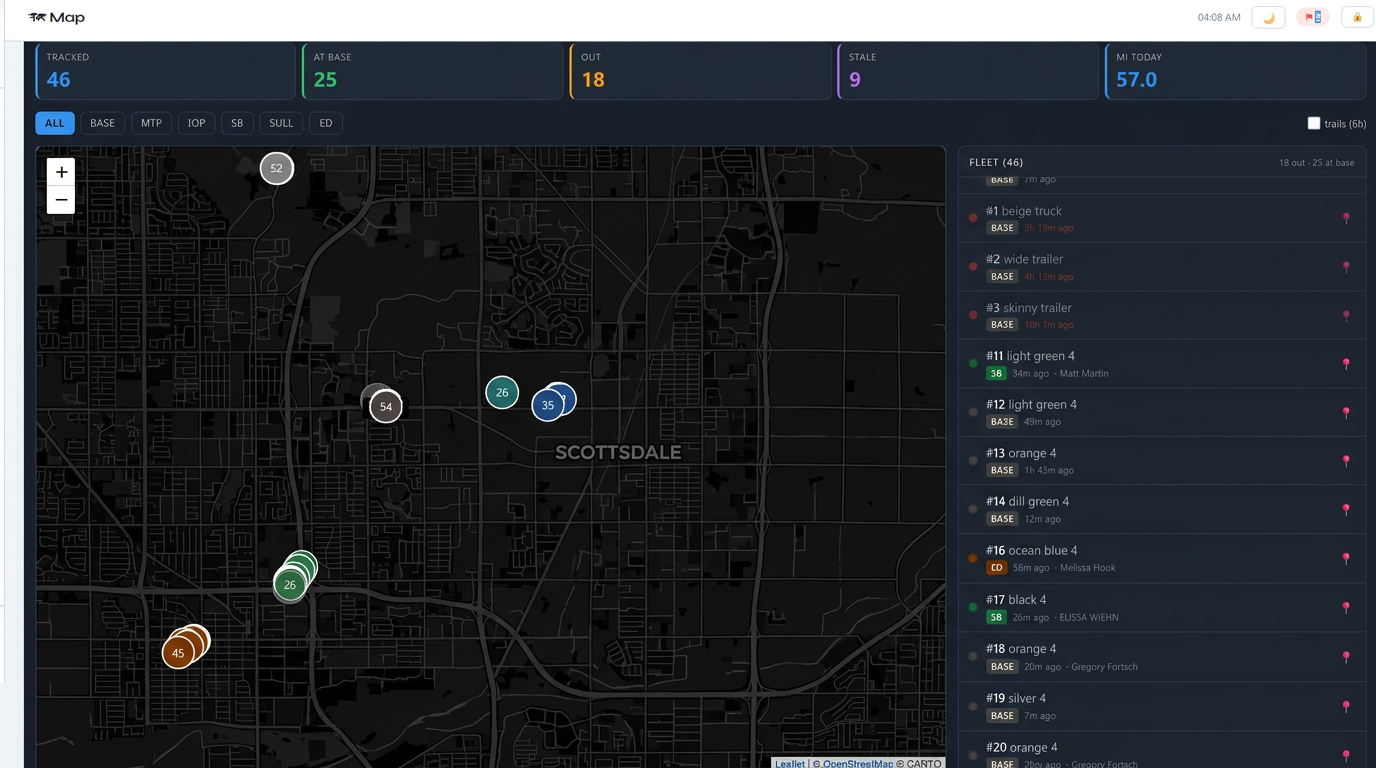Live GPS tracking map showing every golf cart in the fleet across Charleston, Kiawah, and the South Carolina coast — with zone filters, fleet list, and stale-tag indicators